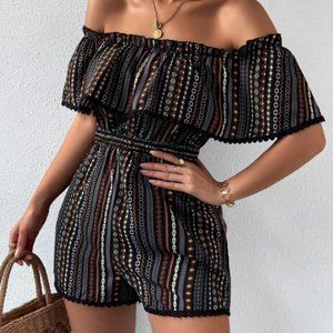 Off Shoulder Ruffle Trim Shirred Waist Romper
